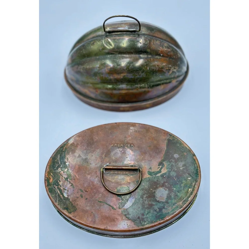 Antique Kreamer Copper Melon Mold Two Piece Lidded Fluted, Tin Lined